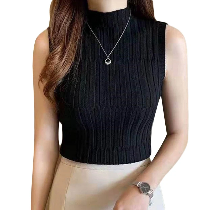 Summer Women Knitted Vest Turtleneck Sleeveless T-shirt 2025 Slim Tee Knitwear Club Party Clothing Ladies Office Pullover Tops