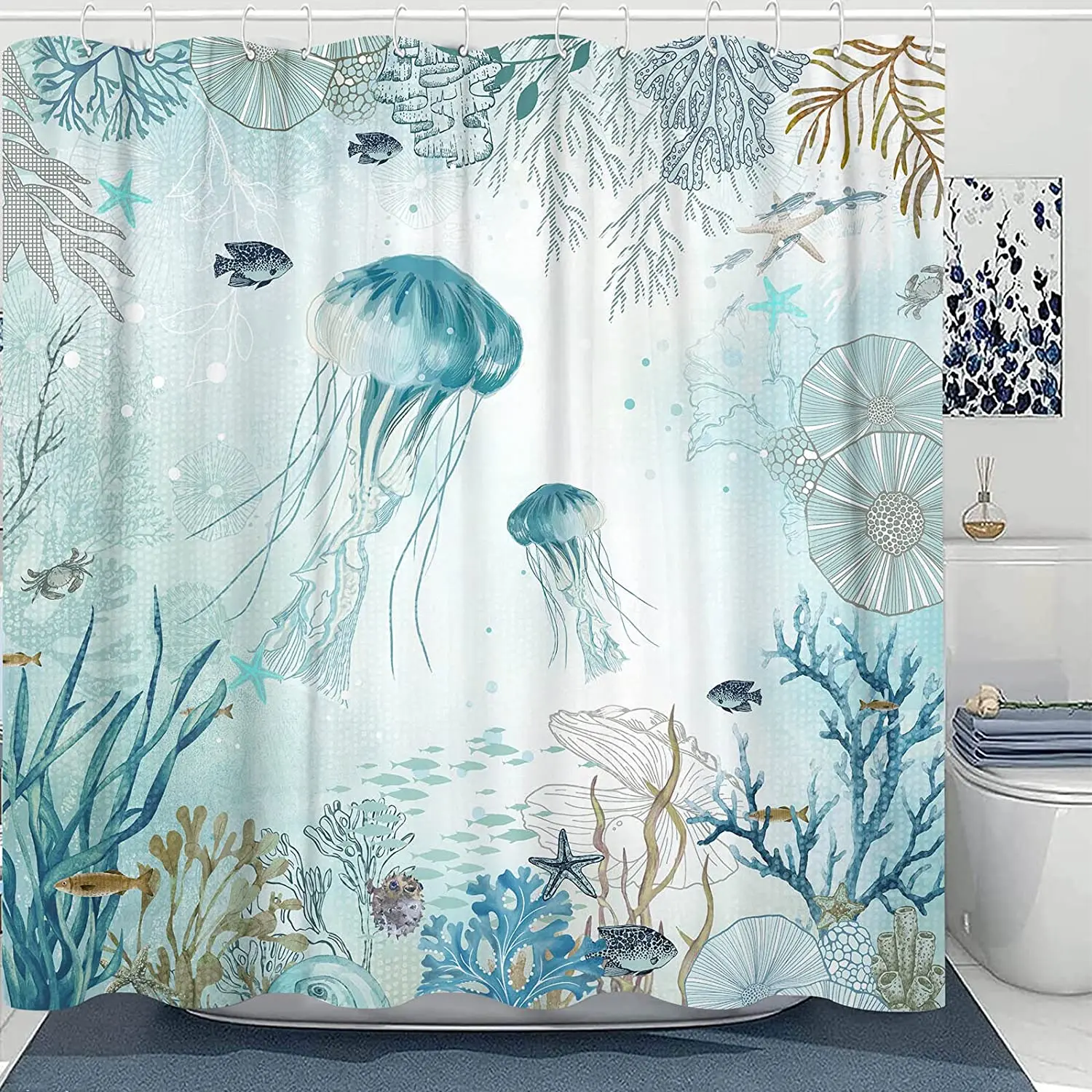 Sea Turtle Shower Curtain Starfish Seashell Octopus Coral Jellyfish Ocean Animal Bathroom Decor Fabric Bath Curtains with Hooks