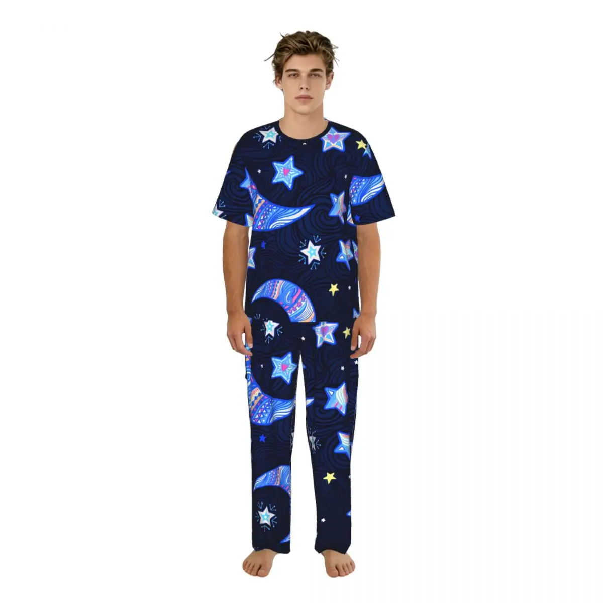 

Мужской пижамный комплект с изображением звезд и полумесяца, с короткими рукавами, весенне-летняя домашняя одежда для сна, мужская ночная одежда
