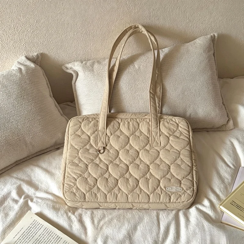 Cute Korean Ins Quilted Laptop Shoulder Bag, Embroidered Heart Large Capacity Ladies Computer Tote Bag for 13 14 15 Inch MacBook