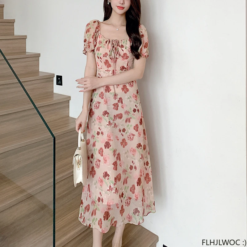 Holiday Honeymoon Sweet Bow Tie Dresses Feminine 2024 Women Japan Girls Cute Floral Retro Vintage Date Ruffles Long Maxi Dress