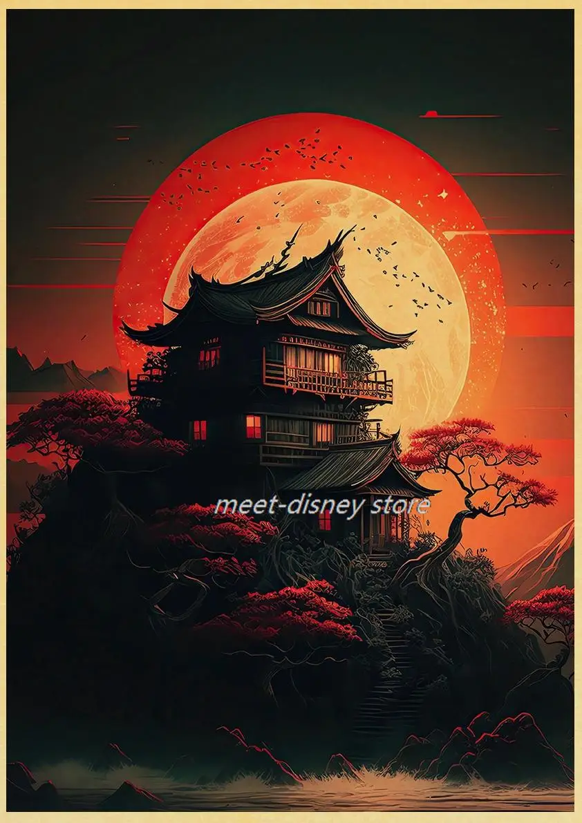 Red Moon Japanese Architecture Poster Harajuku Kraft Paper Posters Home Decoration Coffee Aesthetic Chambre Wall Dormitory