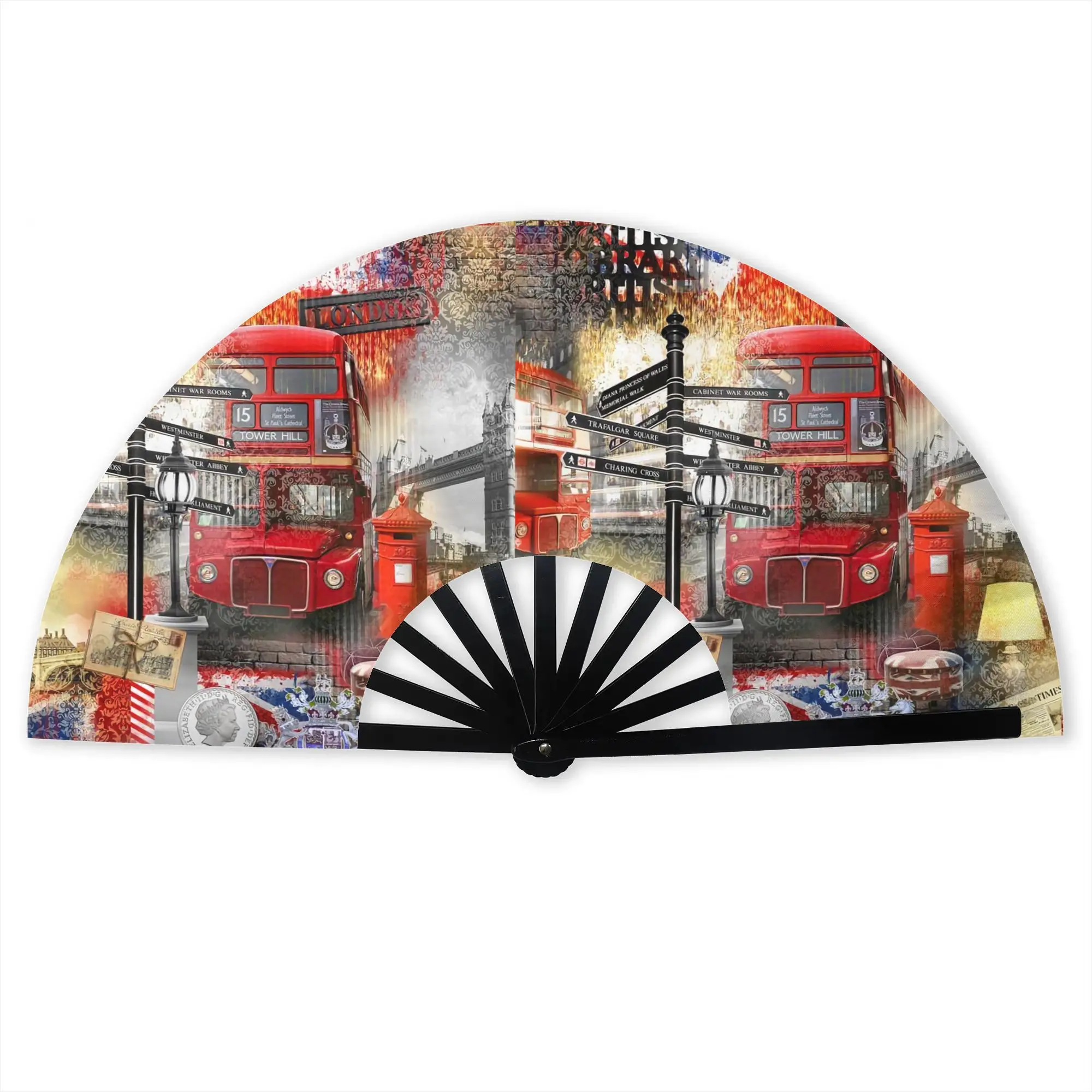 British Style London Red Bus Folding Fan Chinese Style England Scenery High-Quality Polyester Fans Exquisite Decorative Hand Fan