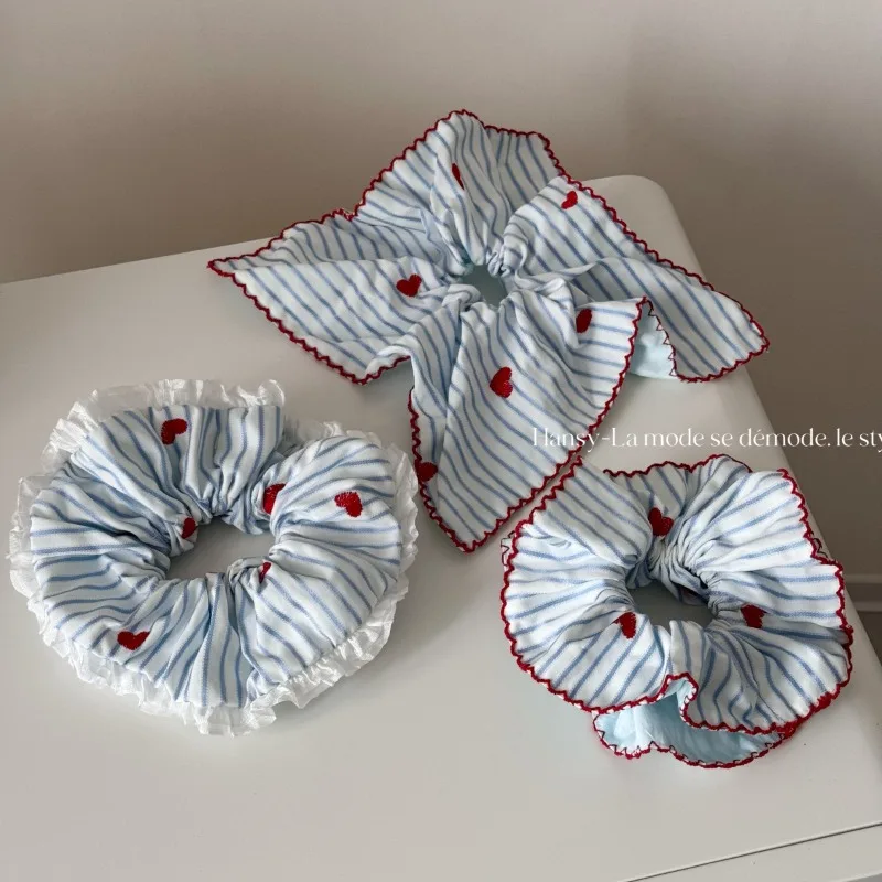 

Red Edge Sweet Blue Stripe Embroidered Love Square Towel Large Intestine Hair Band Elastic Hair Bands