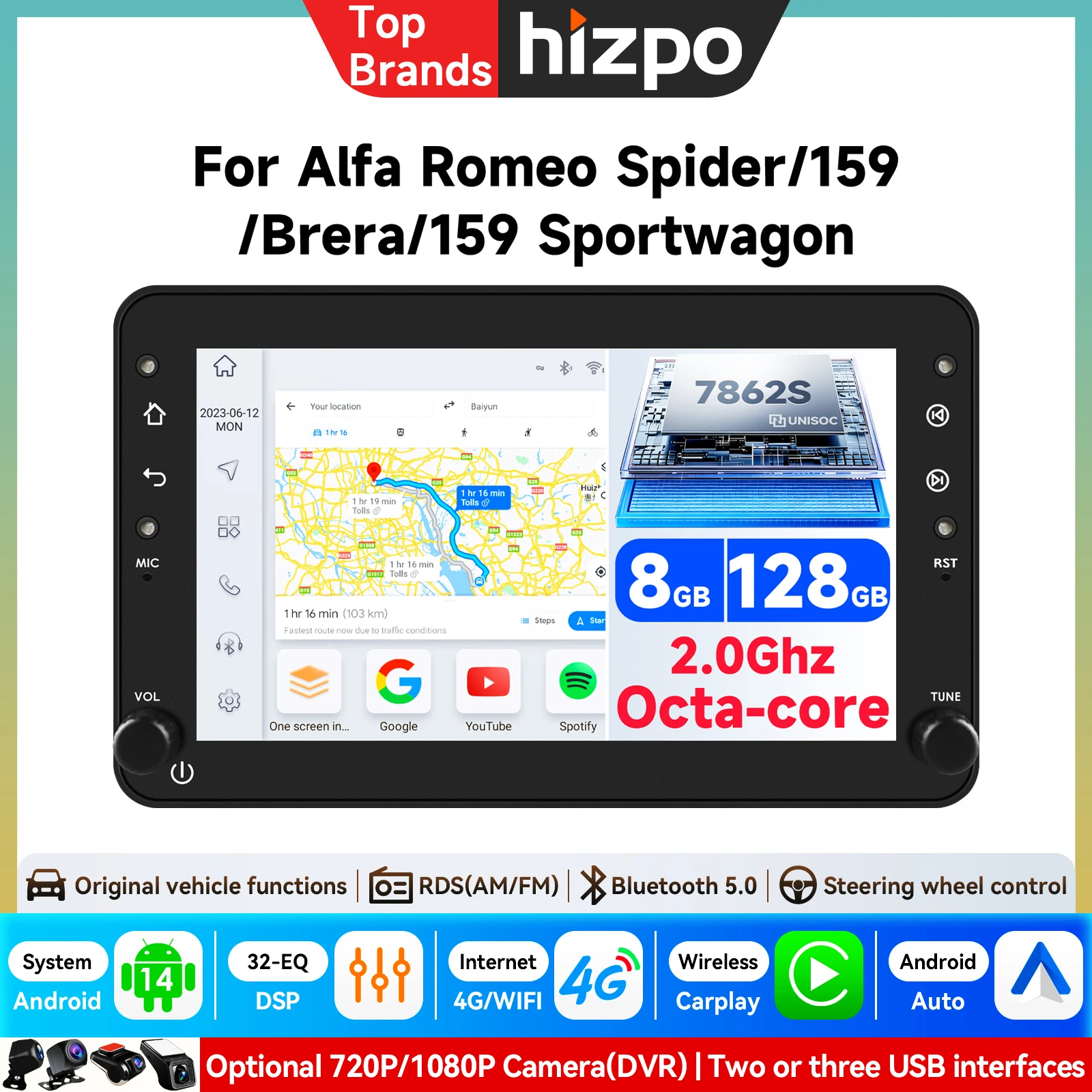 7'' 2Din Android Autoradio für Alfa Romeo 159 Brera Spider Sportwagon Auto-Multimedia GPS 4G Carplay Intelligenter Bildschirm Autoradio