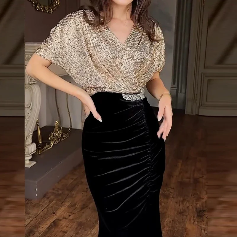 Seksowna elegancka cekinowa aksamitna wyszczuplająca sukienka imprezowa damska V Neck musująca kula zbierająca klubowa długa sukienka z rozcięciem odzież damska — zdjęcie 3