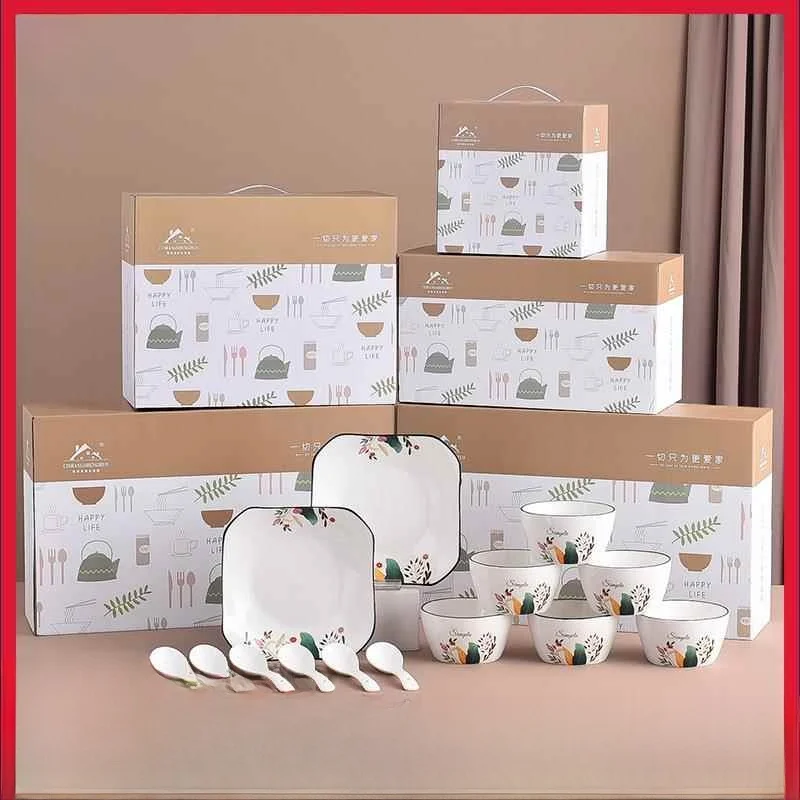 

Nordic Green Plant Ceramic Bowl Plate Set Creative Home Use Gift Activity Plant Bowl Spoon Set Daily round Shape Flower Pattern