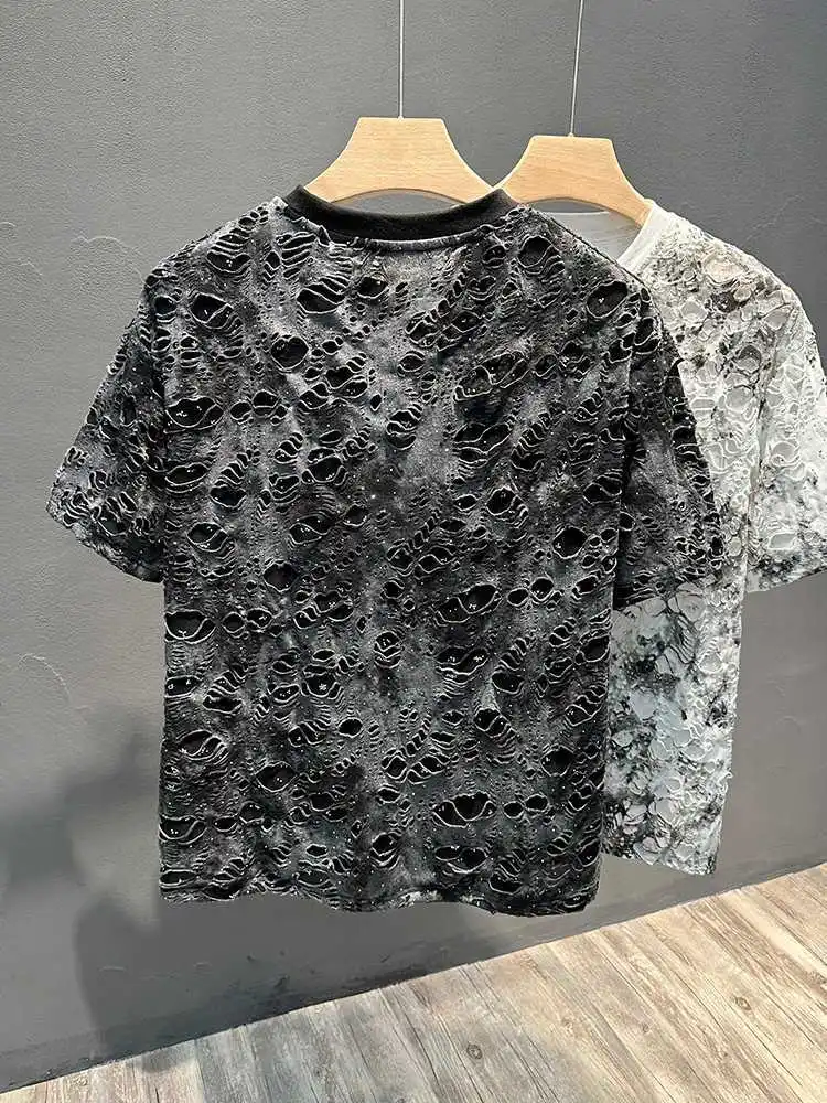 Sommer 2026 Neu Herren Mode Kurzarm T-Shirt Rundhals Distressed Hollow Thin Casual Tee Trendiges Design