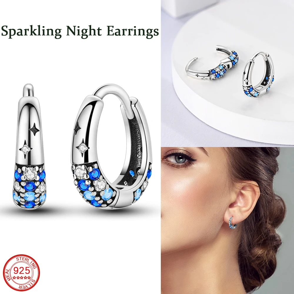 New 925 Pure Silver Sparkling Night Sky Blue Round Earrings for Women's Birthday Party Gifts and Accessories