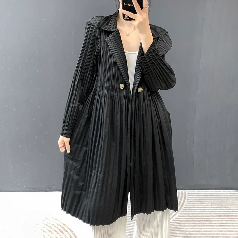 

2025 Miyake Fall New Korean Dongdaemun Loose Women's Jacket in The Long Section Double-breasted Trench Wrinkle-Free Coat Female