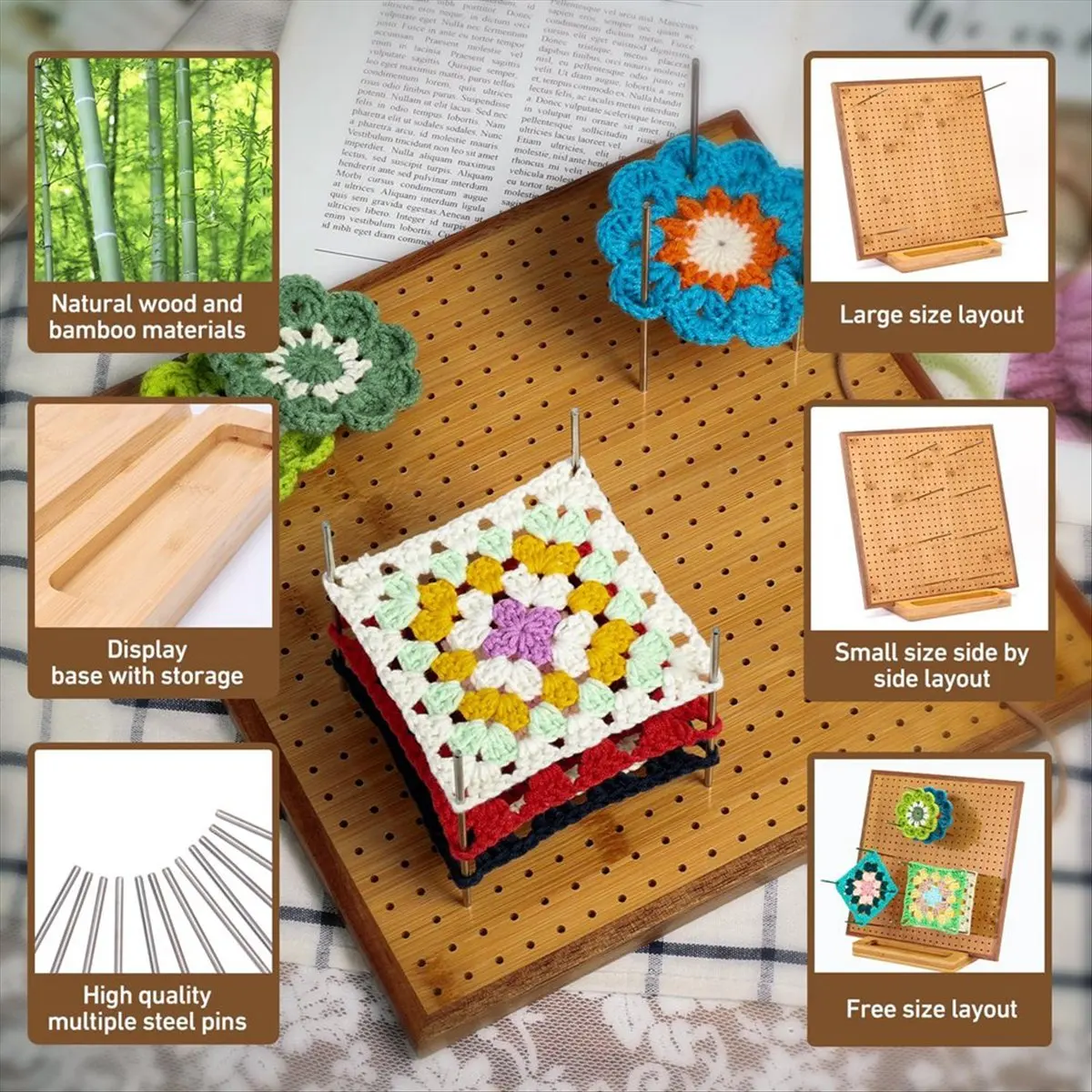 

T28C! 11.8 Inch Crochet Block Board with 20 Needles/Pegs, Block Board for Crochet Knitting, Bamboo Granny Square Block Board