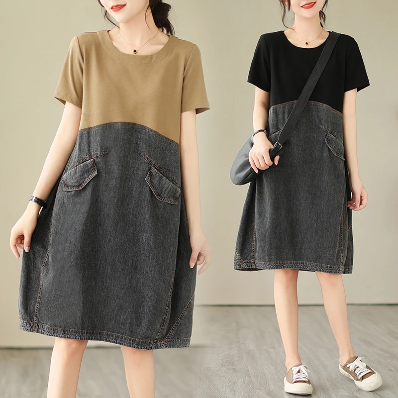 Sommer High Street koreanischen Stil gefälschte zweiteilige Kleider für Frauen Patchwork lässig lose Kurzarm A-Leinen schwarz Jeans kleid