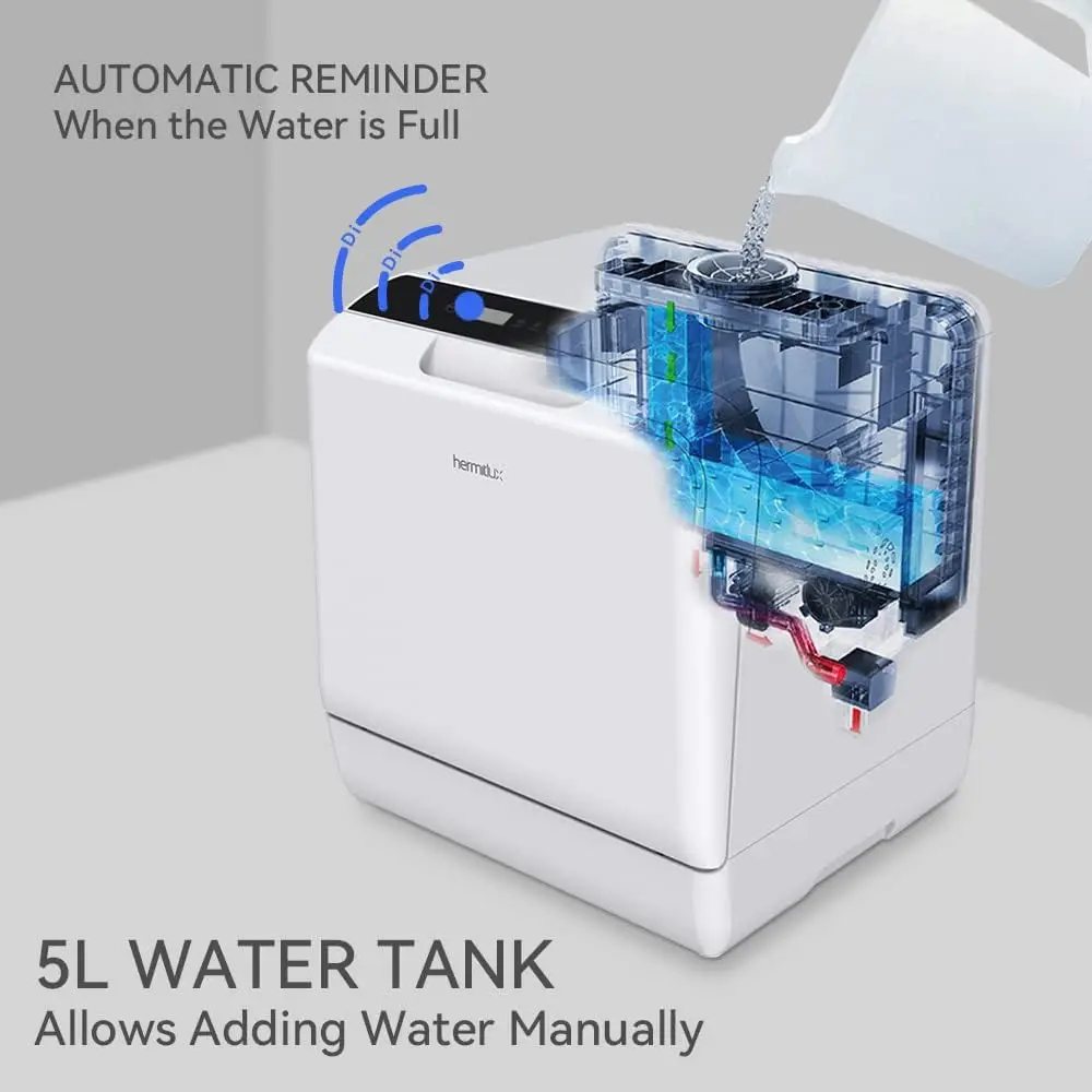 

Hermitlux-Portable Countertop Dishwasher, 5 Washing Programs, Liter Built-in Water Tank, Glass Door