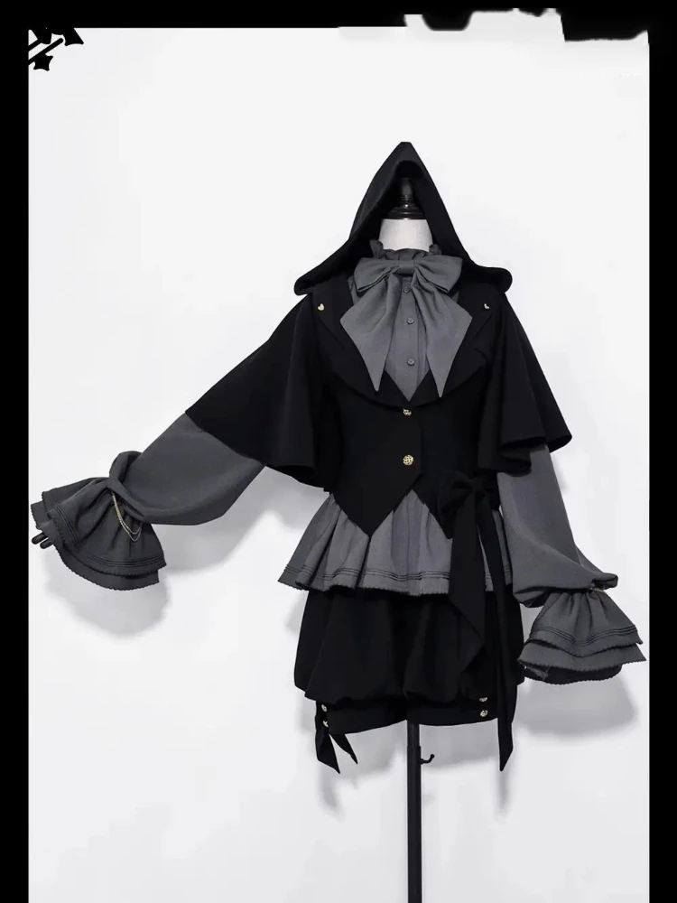 여성용 하라주쿠 Y2K 빈티지 고딕 로리타 토끼 귀 후드 망토 코트 JK 리본 셔츠 반바지 세트 2026 신상 패션
