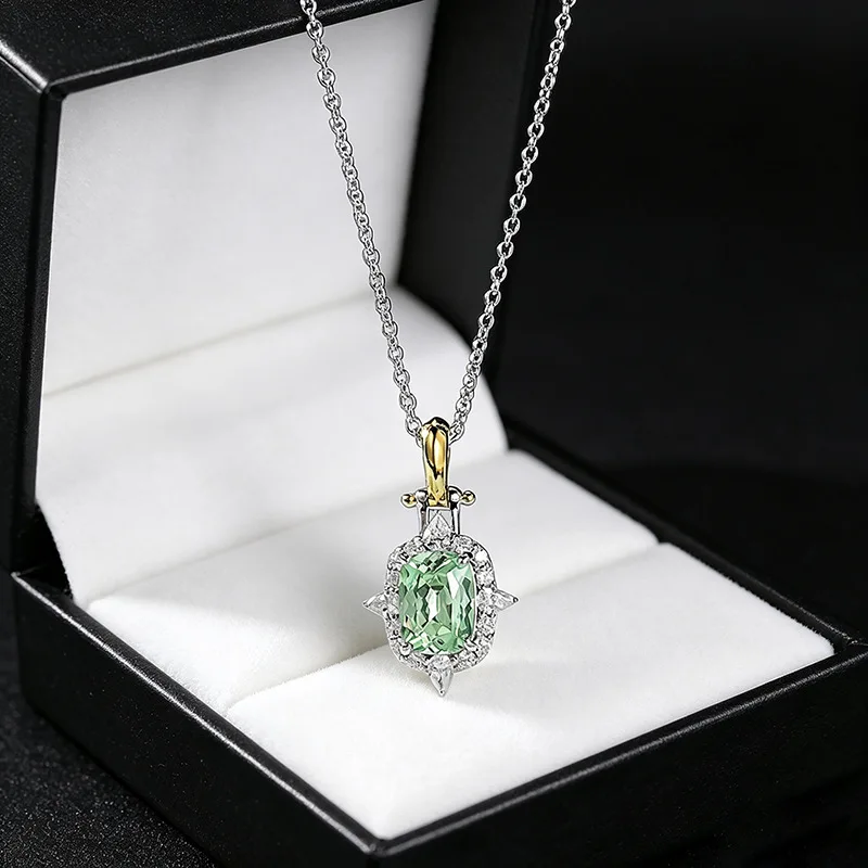 Luxury 18K white Solid Platinum PT950 certifid mint green rectangular stone pendant necklace jewelry clavicle chain for women