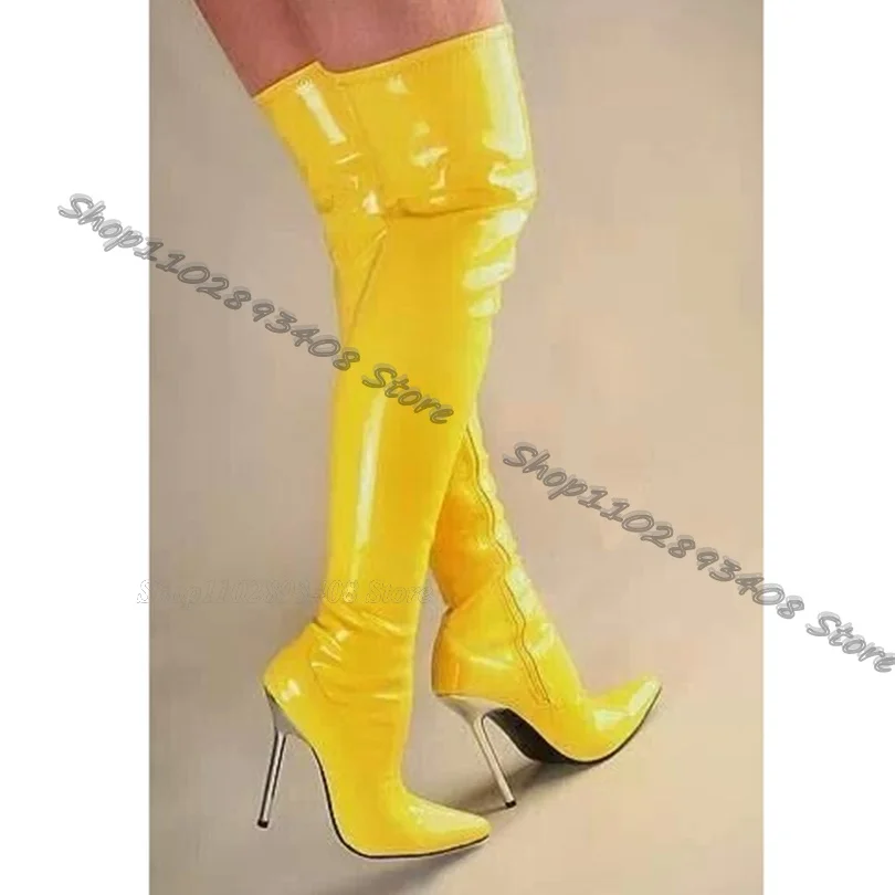 Yellow Metal Heels Knee Boots Side Zipper Pointed Toe Solid Women Shoes Fall Design for Women Stylish Shoes Zapatos Para Mujere