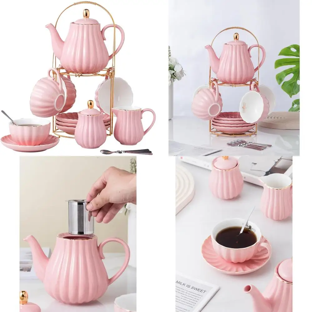 

Фиолетовый фарфоровый набор кофейных чашек и чайных чашек на 8 унций с чайником, сахарной чашкой, сливочником и чайными ложками для элегантного чая