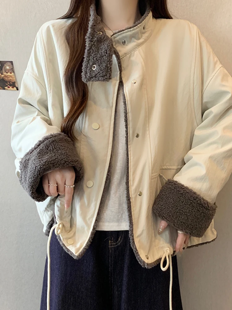 

Ladies Large Size Cotton Jaet Lamb Fur Patchwork Loose Fitting Dstring Stand Collar Warm Outerwear Autumn Winter New Sle