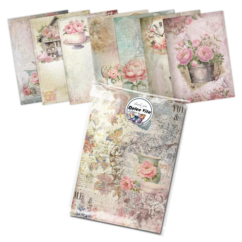 Chinese ArtRice Paper Retro Scrapbook Pads Flower Vintage Pattern Papers for Scraping DIY Junk Journal Decoration Craft 8pcs