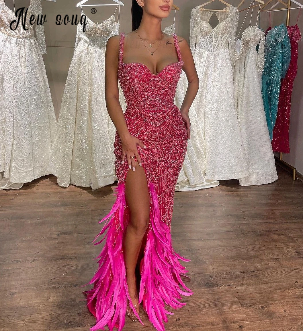 Vestido de noite bordado com alças, Vestido Formal, Rosa, Rosa, Luxo, Festa de Formatura, Divisão Lateral, Bonito, Verão, 2024