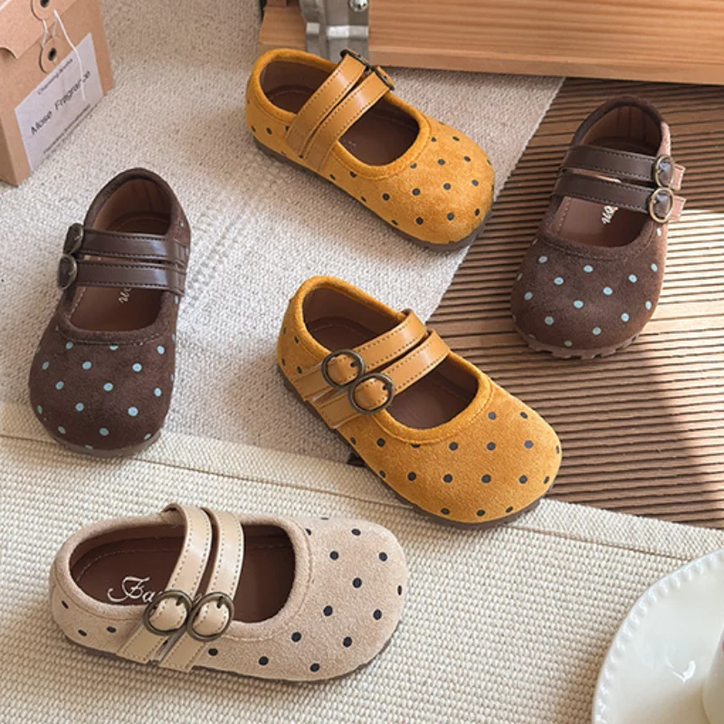 

Kawaii повседневная обувь, модная детская обувь для девочек, замшевая кожаная обувь в корейском стиле в горошек, обувь принцессы для малышей на мягкой подошве