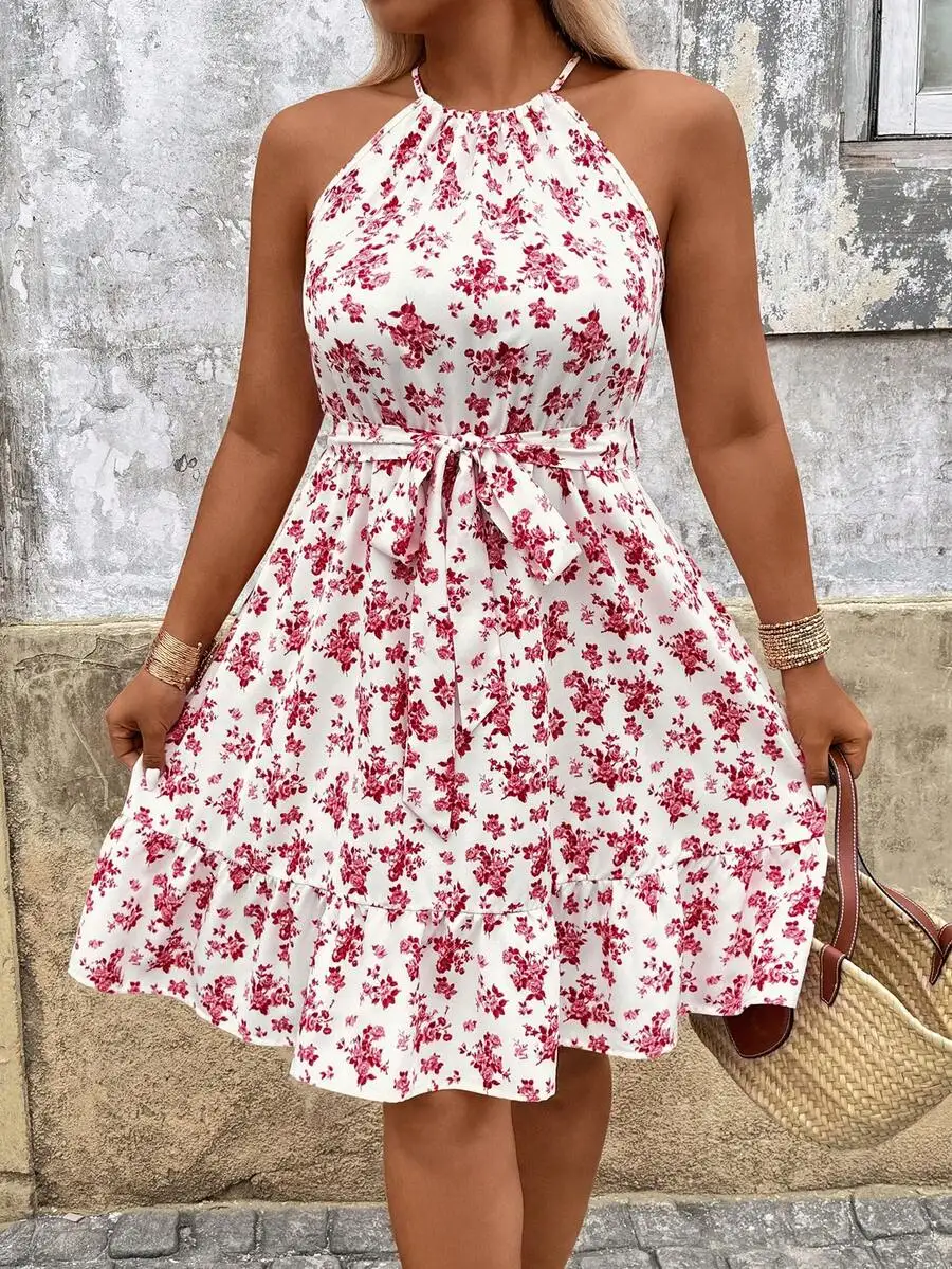 

Halter Neck Floral Print A-Line Midi Dress With Belt Waist Ruffle Hem Bohemian Style For Beach Party Holiday