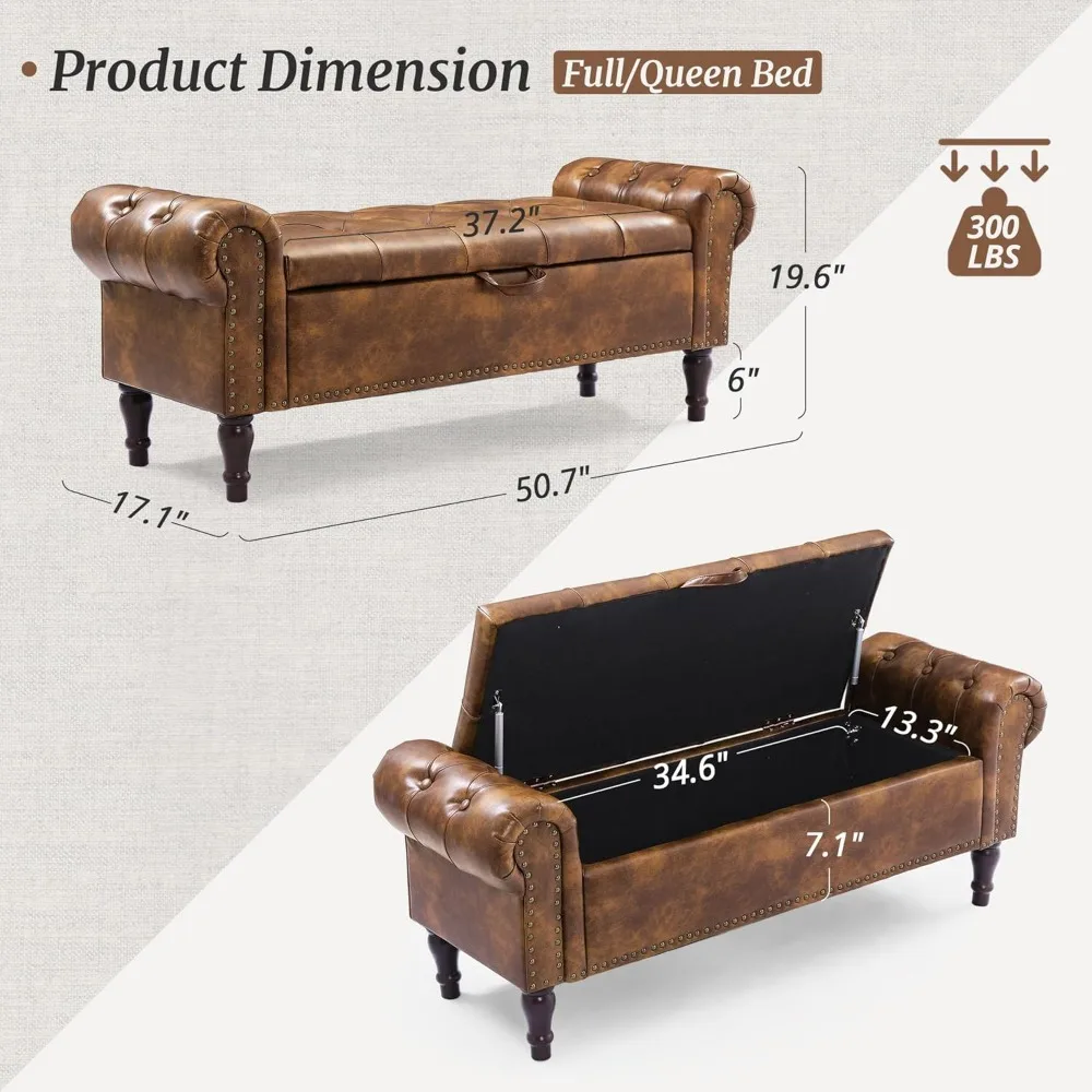 مقعد تخزين منجد من الجلد الصناعي بحجم كوين مع تصميم أزرار معنقدة وذراع ملفوف وحواف رأس أظافر لغرفة النوم