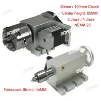 ZQX Axis 3 4-jaw 80mm 100mm Chuck CNC Indexing Head MT2 Tailstock Telescopic Stroke 45MM NEMA 23 Stepper Motor