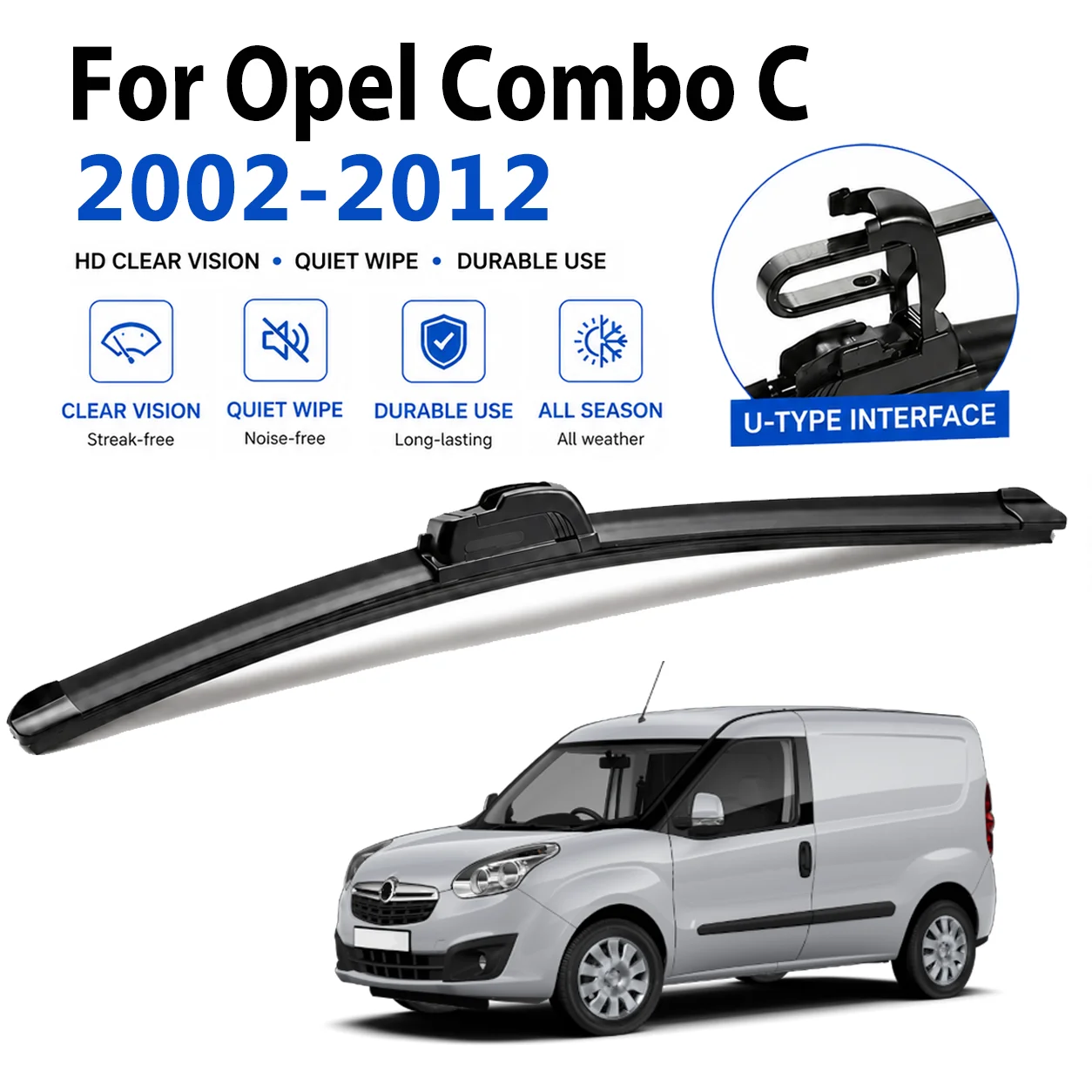 For Opel Combo C 2002‑2012 2Pcs U‑Hook Premium Front Windshield Wipers, Soft Rubber Quiet Replacement Wiper Blades 20"+18"
