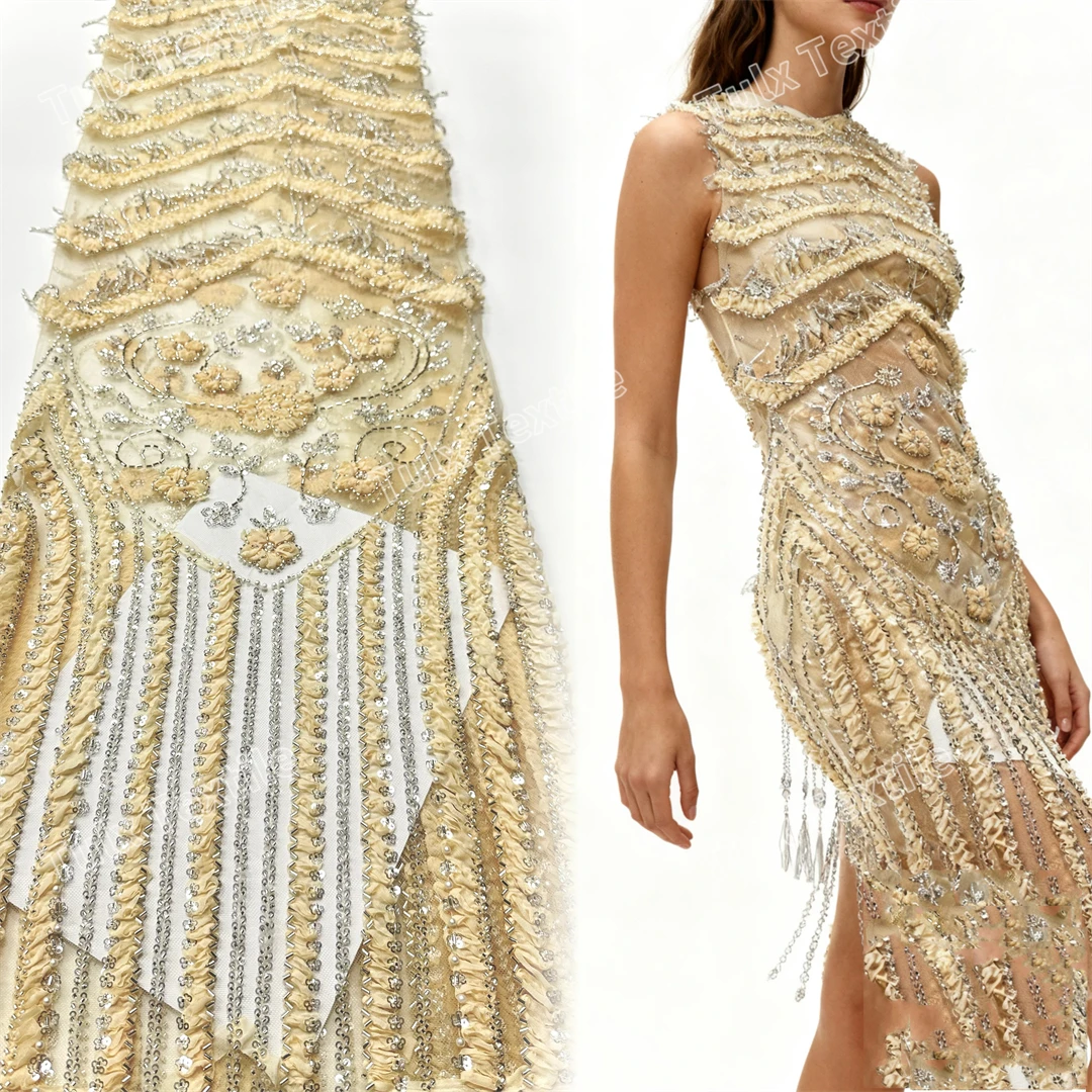 

Gold African Sequins Lace Fabric 2026 High Quality 3D French Beaded Lace Fabric Nigerian Bride For Wedding Party Dresses