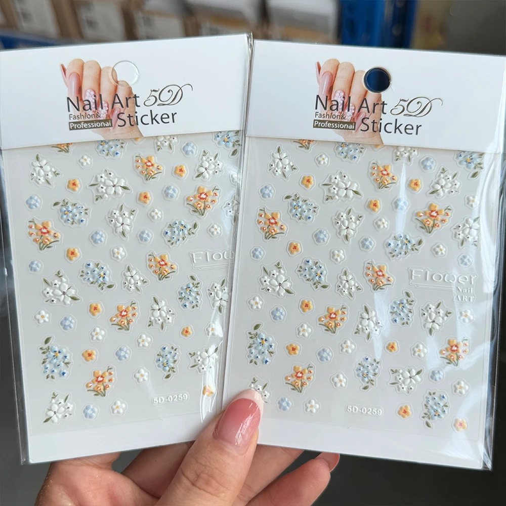 5D Embossed Elegant Flower Clusters Nail Sticker Blue/White/Yellow Spring Blossom Floral Nail Decals Self-adhesive Manicure Deco 2