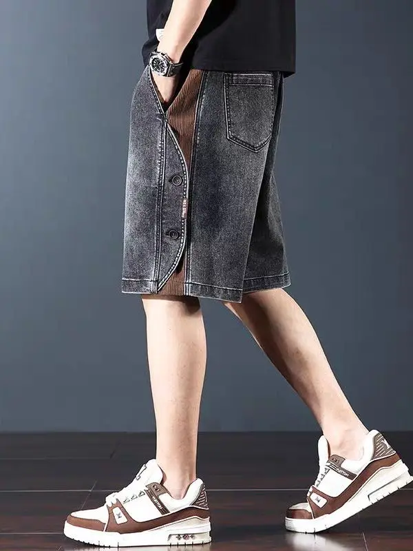 Amerikaanse retro heren denim orts casual rechte pijpen zware wa outdoor vijfknops splitsbroek jeugd zomerkleding