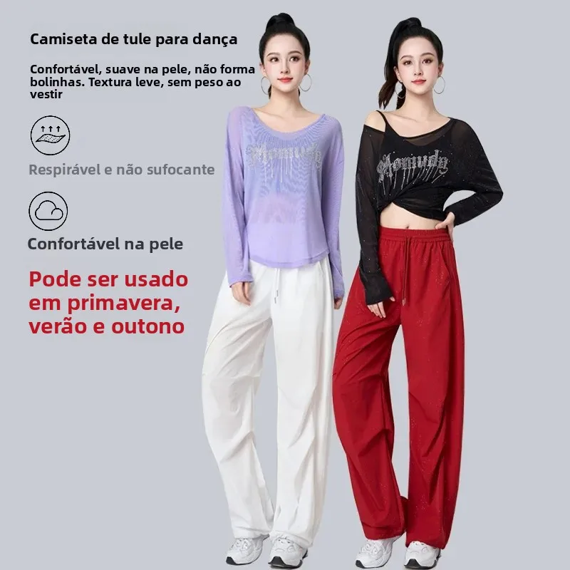 spring-summer-new-diamond-embellished-sport-set-women's-mesh-cover-up-loose-long-sleeve-square-dance-clothes-jazz-dance-train