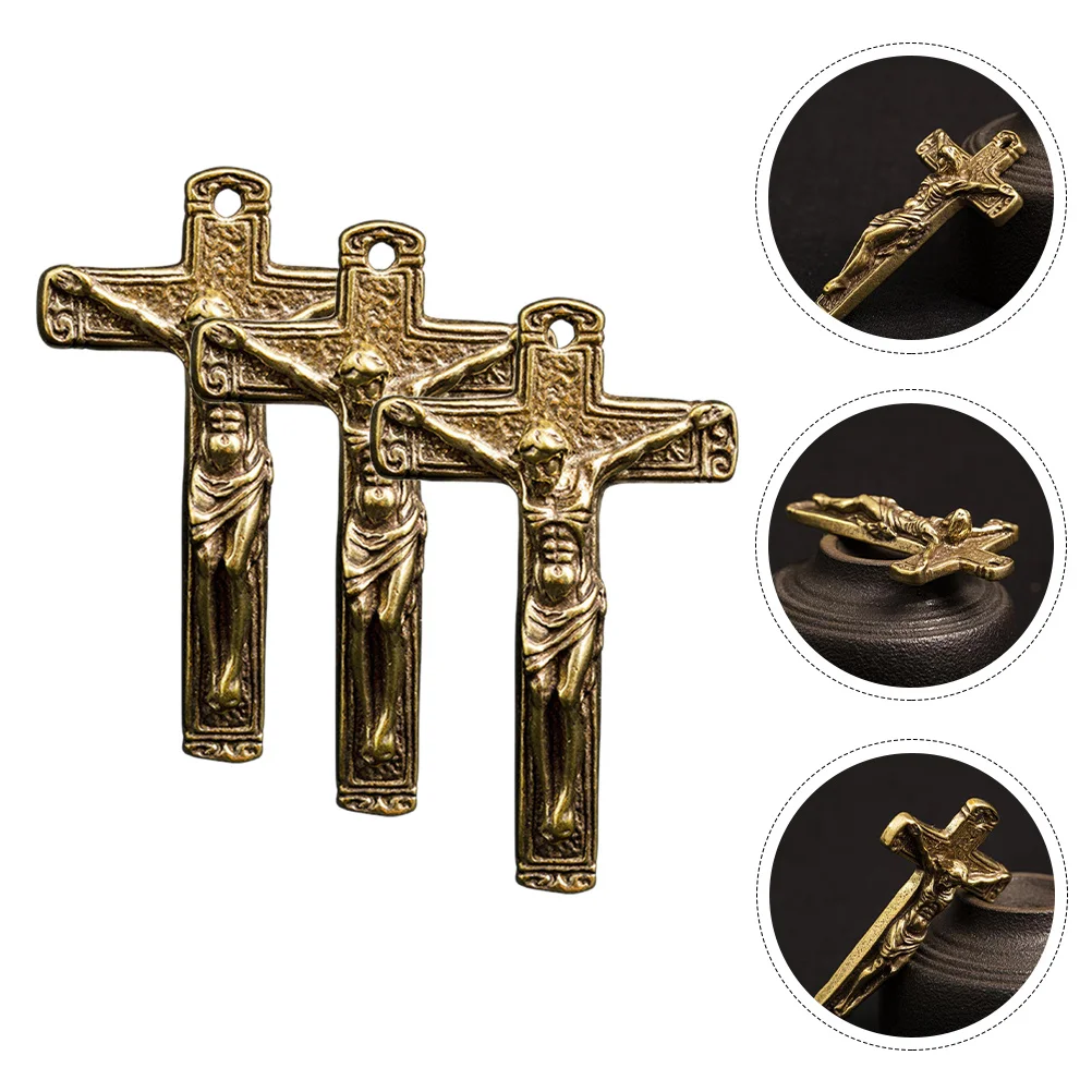 

3pcs Copper Cross Pendant Necklace Vintage Jewelry Decor Religious Keychain Bag Charm Handmade Crafts Non Fading Smooth Surface