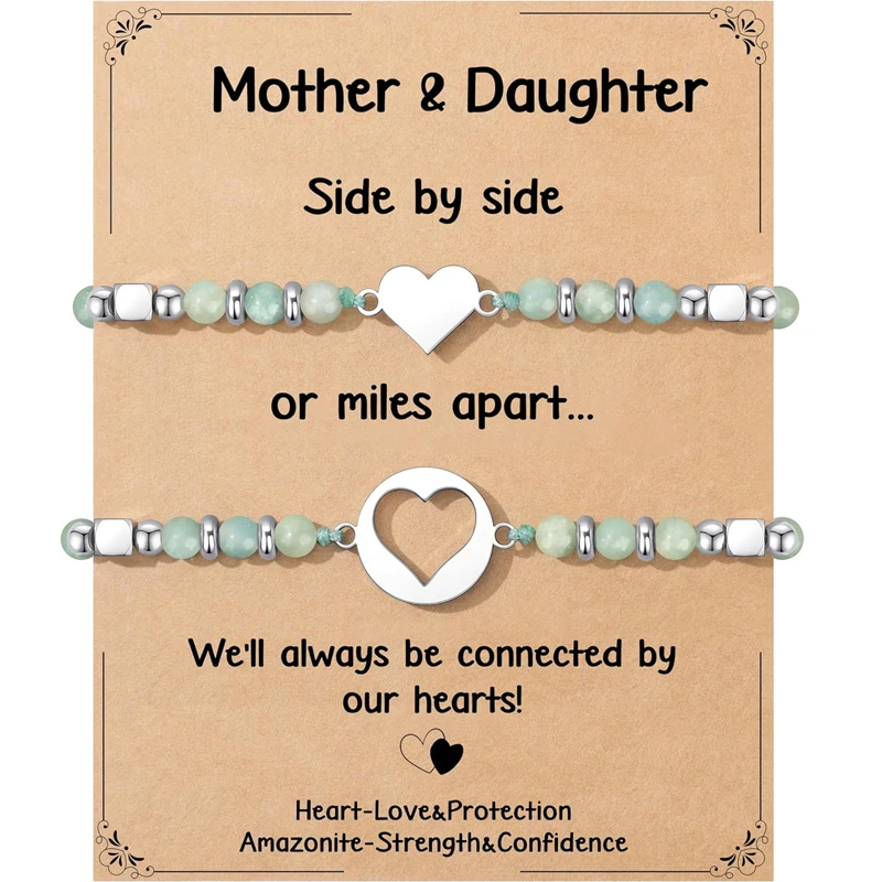 Mother Daughter Bracelets Set, Natural Amazonite Stainless Steel Heart Jewelry for Women, Mothers Day Gifts for Mom/Daughter