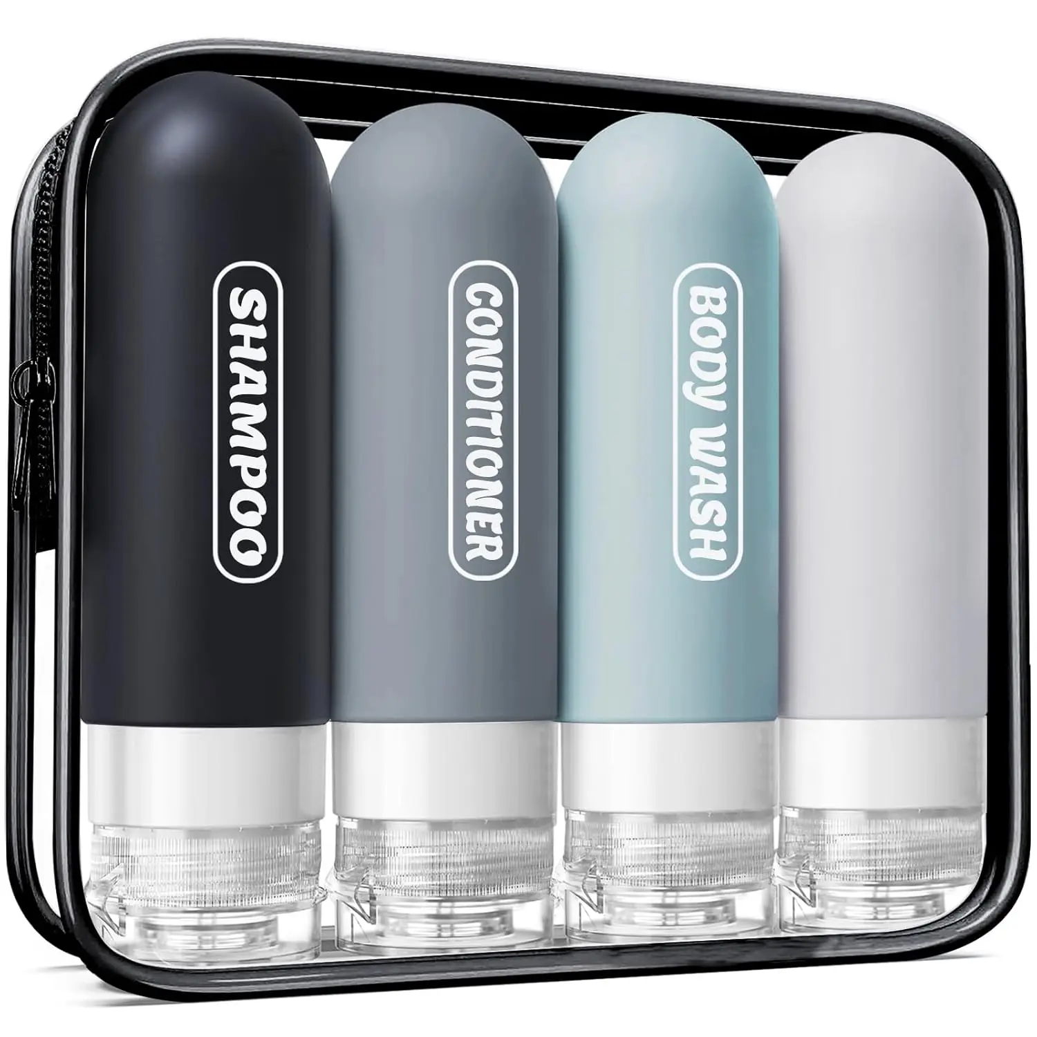Leak-Proof Silicone Travel Bottles with Labels, TSA Approved 3oz Containers and Toiletry Bag (4 Pack)