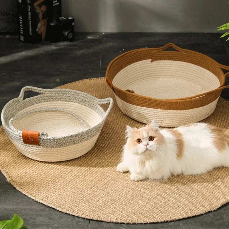 Cat Bed Pet Nest Pure Manual Rattan Woven Cattailgrass Cat Scratch Board Removable Washable Winter Warm Pad All-Season