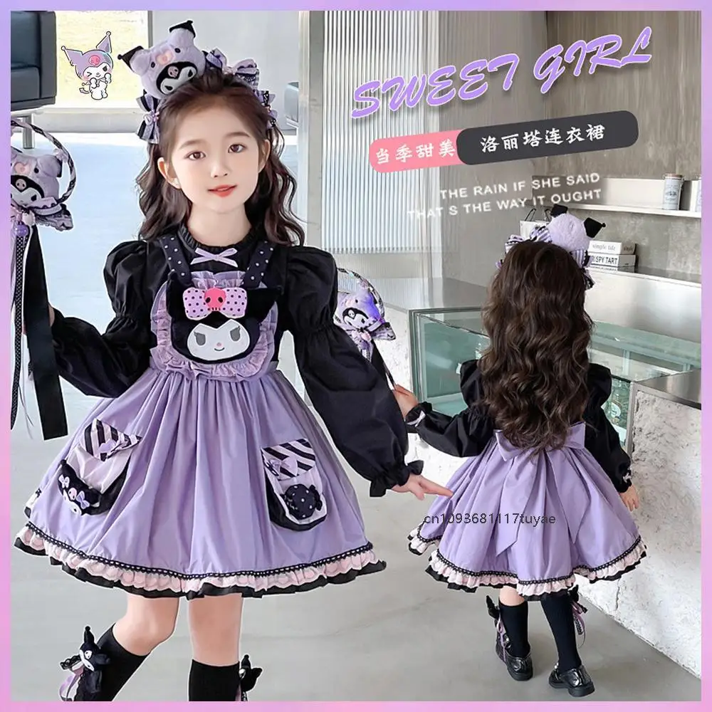 

Kawaii Kuromi платье принцессы Лолиты для девочек Sanrios аниме весеннее новое детское праздничное платье с пышными рукавами и длинными рукавами с героями мультфильмов
