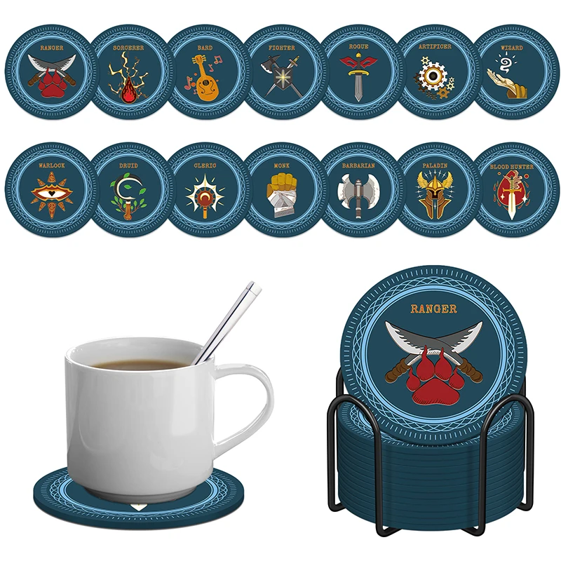 

DND Coasters Set of 14 with Holder - 5E Classes Icons Silicone Coaster Set, Non-Slip & Heat Resistant - D&D Accessories for RPG