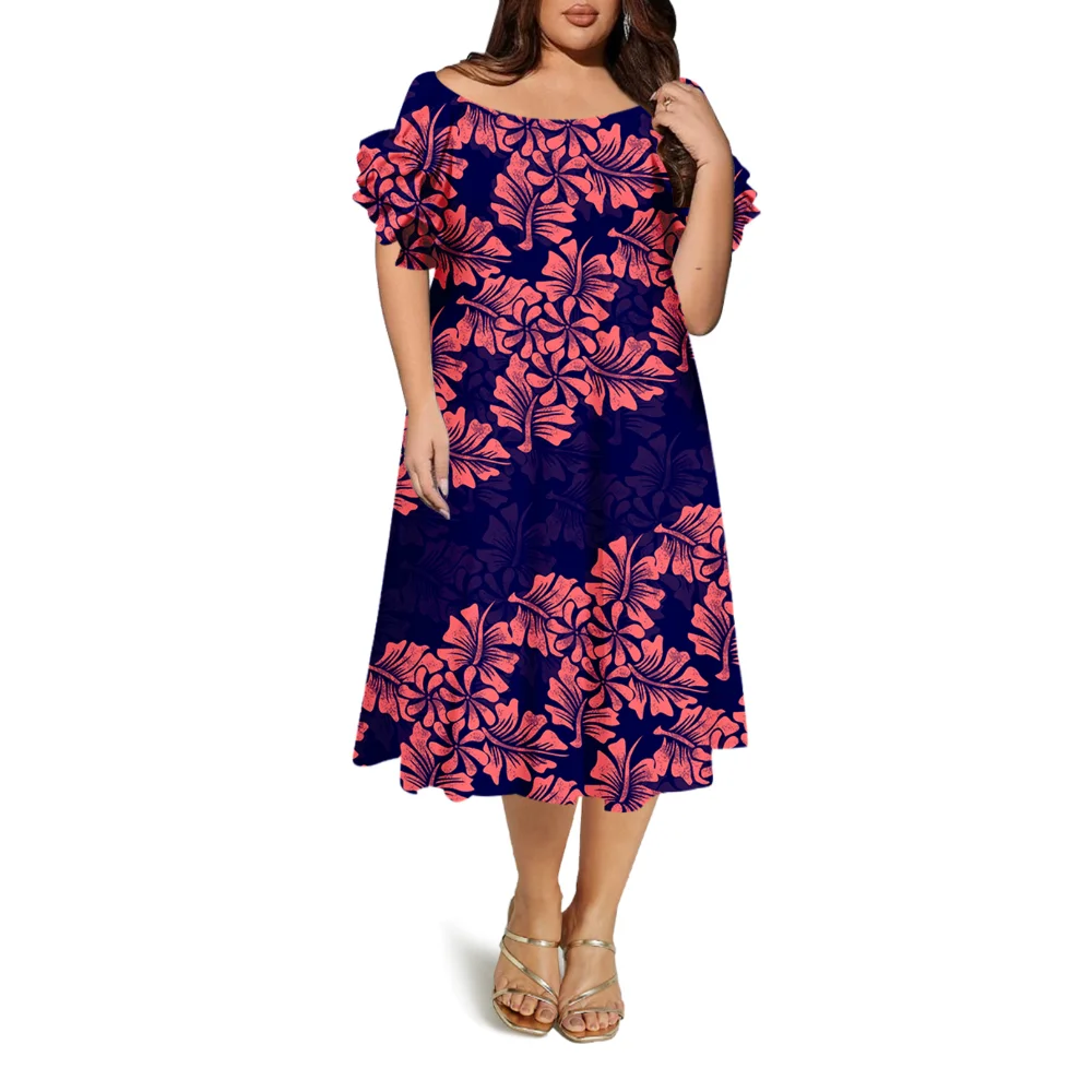 The Newly Designed Women'S Short-Sleeved Round-Neck Long Dress With One-Shoulder Features A Polynesian Island Design Pattern