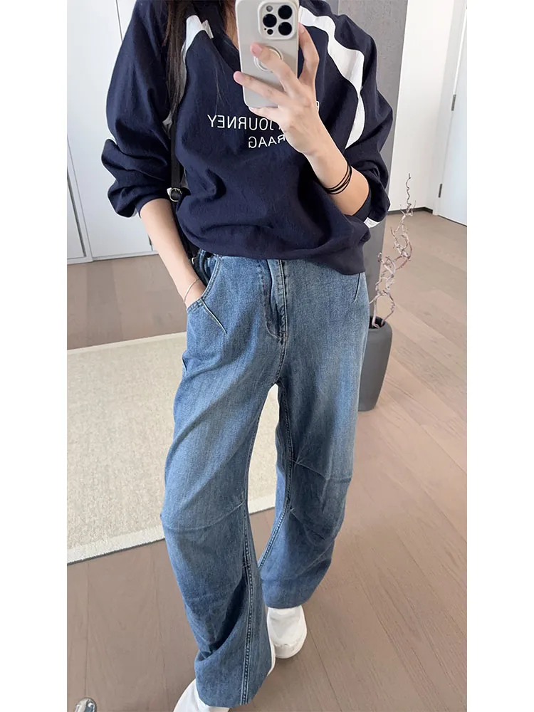 

Джинсы MeiYang 3D с высокой талией, свободные, прямого кроя, из смесового хлопка, синие, широкие штанины