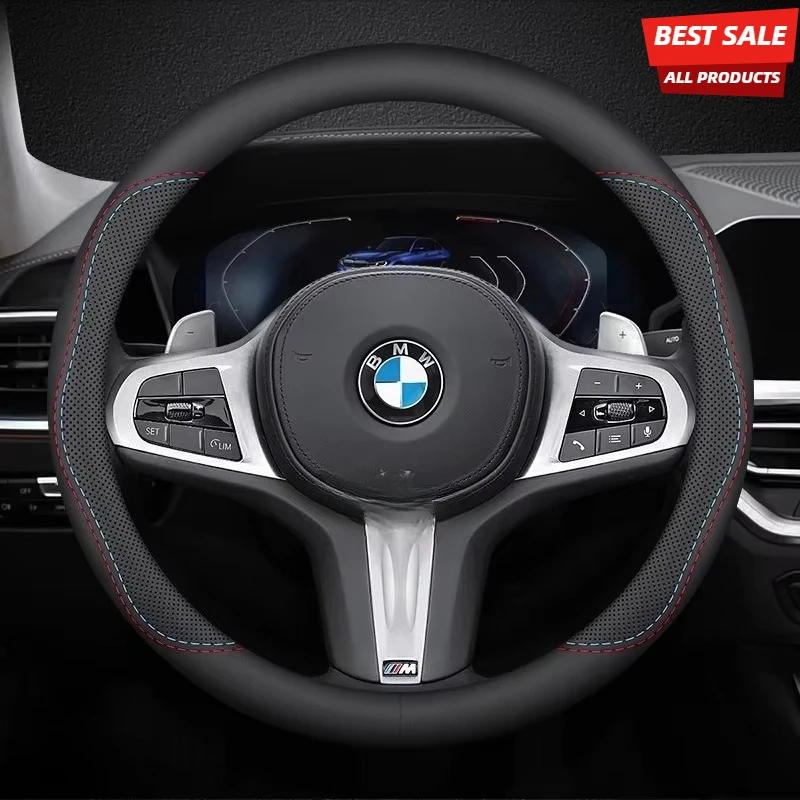 

Round Car Leather Steering Wheel Cover For BMW 316e 318e 320e 323e 325e 330e 335e 530e E46 E90 E91 F30 F31 F34 G20 G30 38cm