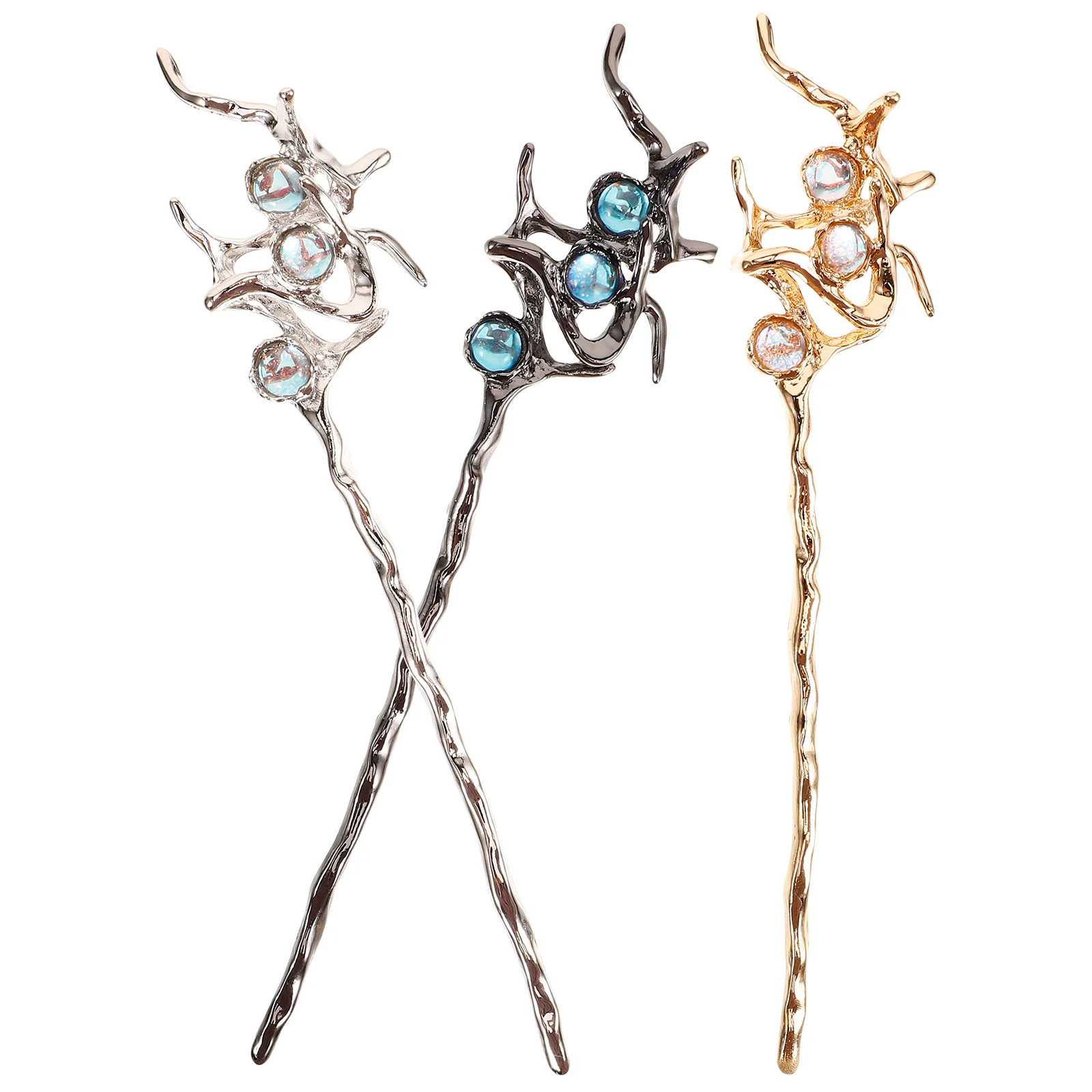 3 Pcs Irregular Gemstone Hairpin Stick Clips Vintage Accessories for Women Chinese Chopsticks Elegant Wedding Event Hair