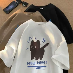 男性用の黒い猫のプリントTシャツ,半袖の純綿の服,だぶだぶ,ミニマリスト,夏,y2k