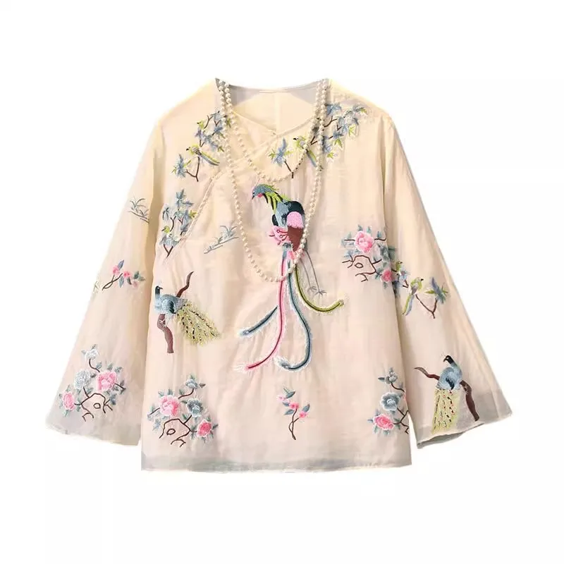 الأزهار المطرزة البلوزات النساء طويلة الأكمام خمر القمصان النمط الصيني الرجعية مشبك القمم