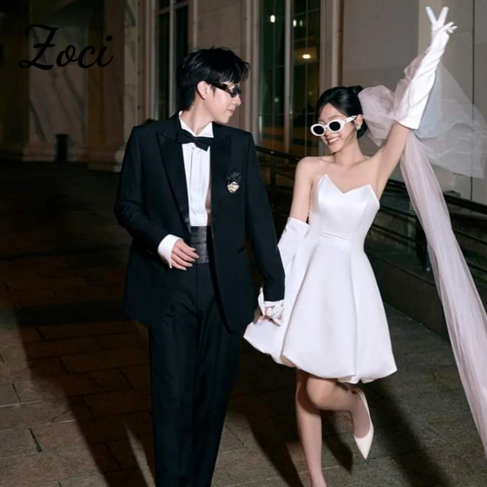 

Zoci Satin Short Wedding Party Dresses A-line Strapless Korea Mini Evening Dresses Photo Shoot Gown for Bride Custom Made