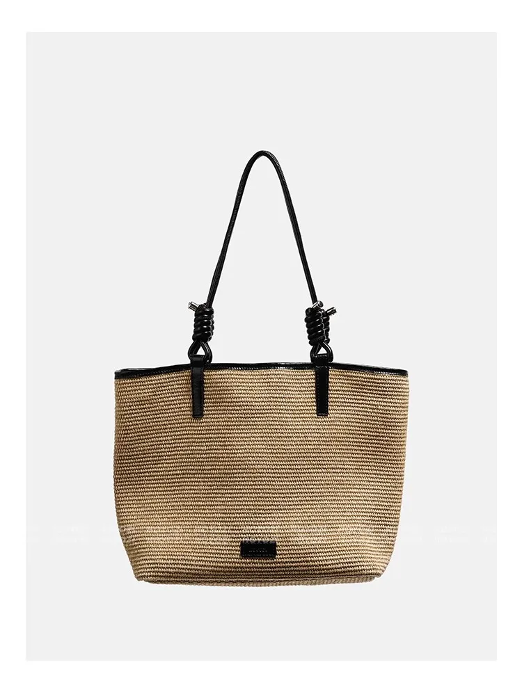 Grass woven bag with genuine leather splicing and Lafite grass women's shoulder tote bag