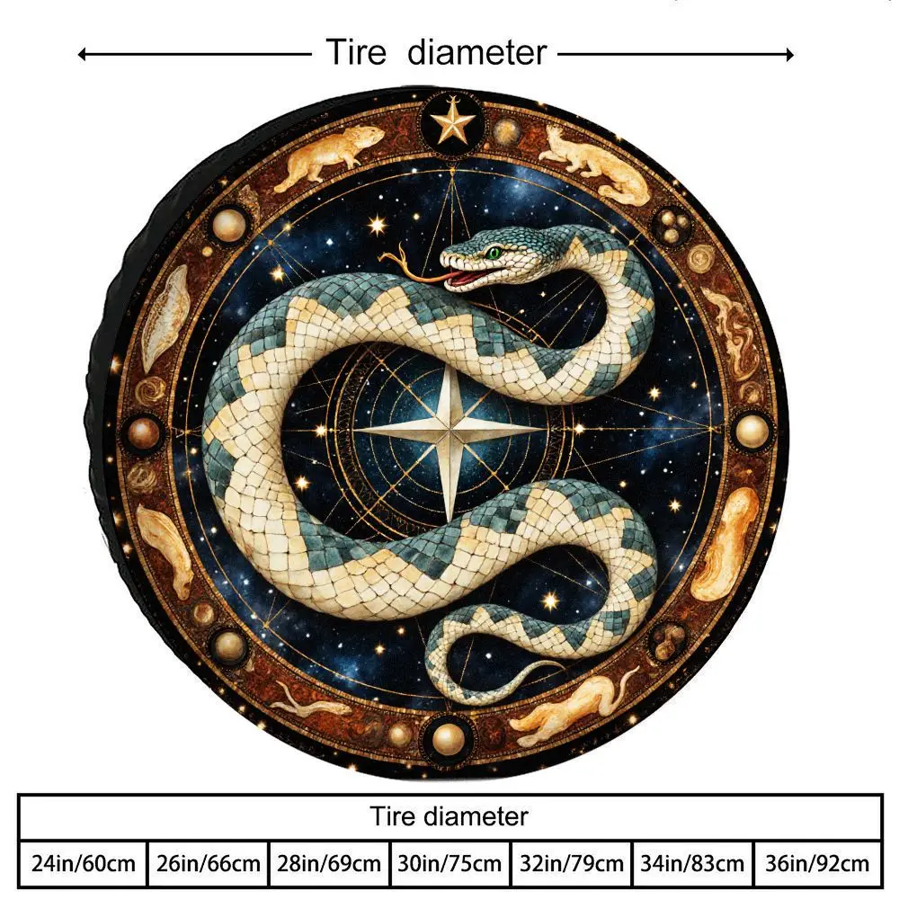 Tire Cover With A Medieval Astronomy Theme Featuring A Serpentine Print, Made Of Polyester Fiber, Designed With A Starry Compass