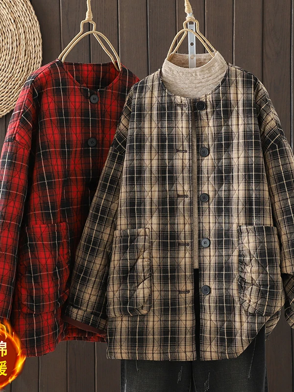 Jaket Wanita Katun Retro Artistik, Model Bulat, Hangat, Motif Kotak-kotak, Kancing Tunggal, Musim Dingin, Baru, untuk Kerja, Tebal...