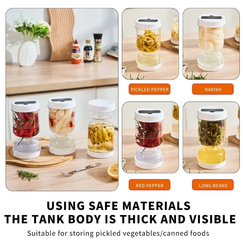 Dry Wet Separation Kimchi Jar with Fork, Dry Wet Distributor, Flip Kimchi Jar, Plastic Inverted Storage Rack and Clip
